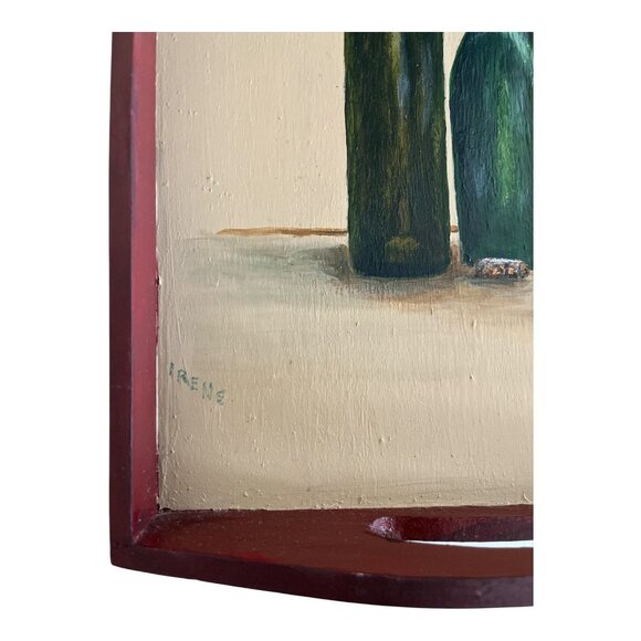 Vintage Hand-Painted Wooden Serving Tray – Wine Bottle & Glass Still Life – Sign - Picture 2 of 6